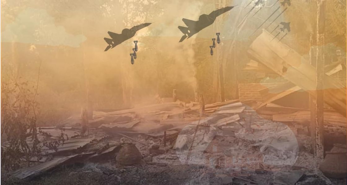 Bildcollage, die zerstörte Gebäude und Kampfflugzeuge, die Bomben abwerfen zeigt