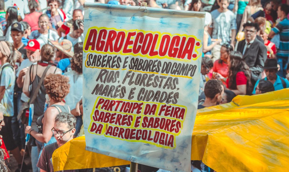 Ein großes Protestplakat und dahinter eine große Menschenmenge