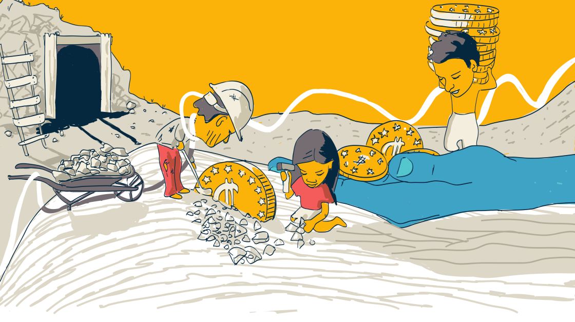 Illustration: ein Mädchen zerkleinert Steine mit einem Hammer 