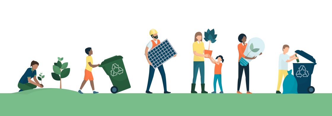 Multiethnische Gruppe von Menschen, die sich für einen nachhaltigen, umweltfreundlichen Lebensstil entscheiden: Sie bauen Pflanzen an, sammeln und recyceln Abfälle, nutzen erneuerbare Energiequellen und Energiesparlampen