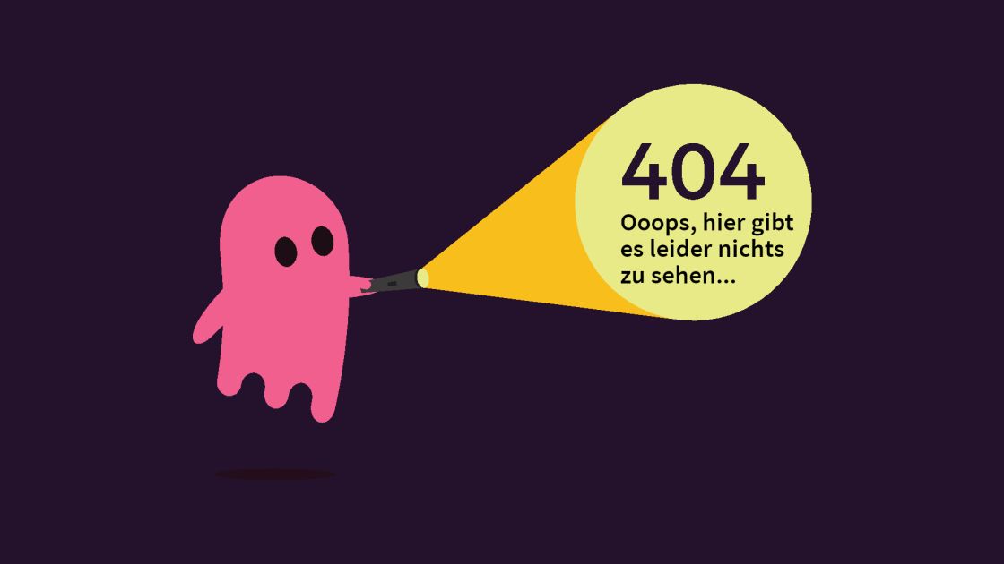 Eine Grafik: eine pinkfarbenes Gespenst leuchtet mit einer Taschenlampe und im Lichtkegel ist die Zahl 404 zu sehen, was für Fehler steht