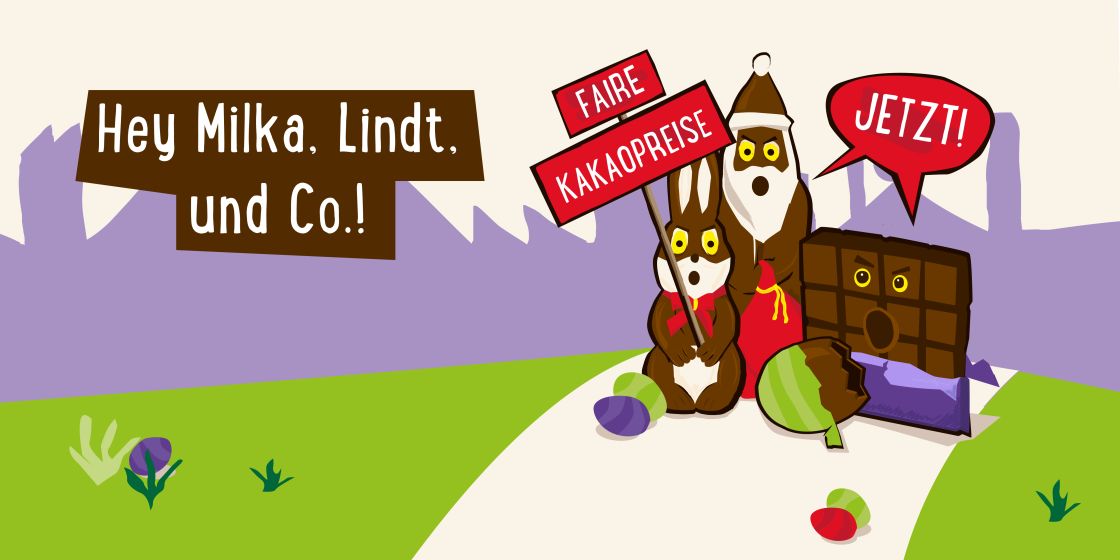 Illustration: Schokohase hält ein Protestschild in die Höhe
