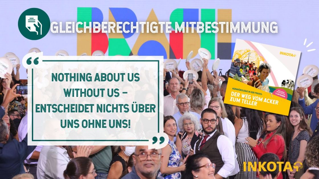 Eine Collage, in der Menschen demonstrieren, Slogans und ein Broschürencover zu sehen sind