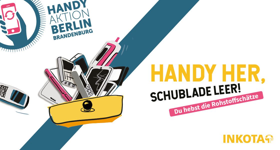 Grafik mit einer Schublade voller Handys dem Text: Handy her. Schublade leer. Du hebst die Rohstoffschätze. 