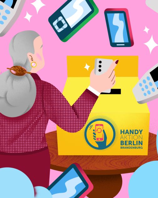 Grafik mit einer Frau. die von hinten zu sehen ist und ein Handy in eine Sammelbox wirft. Darum herum fliegen Handys. Auf der Box befindet sich das Logo der Handyaktion Berlin Brandenburg