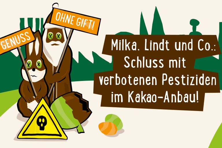 Eine Grafik, in der zwei Schokohasen jeweils ein Protestschild in die Höhe halten