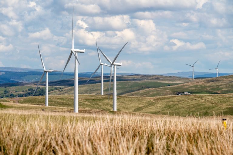 Windräder in einer hügligen Landschaft