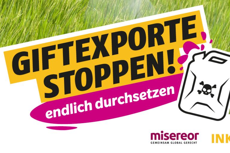 Eine Collage aus einem Mann, der Pestizide auf ein Feld spritzt, und einem Protestslogan im Vordergrund.