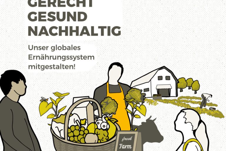 Eine Illustration mit Scheune, Gärtner und Gemüse