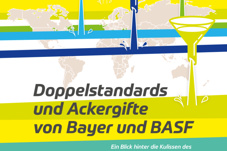 Grafik: Weltkarte und darauf verschiedene Chemiegläser mit Flüssigkeiten, die auf die Erde fließen